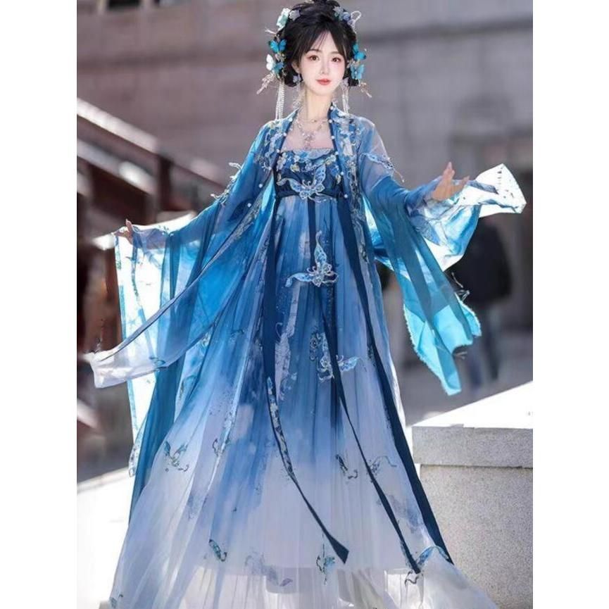 上質 古典美女漢服唐装 レディース 豪華ロング丈羽織 生き生き蝶柄漢服 刺繍中華コスプレ衣装 演出衣装 リボン 日常着もOK仙女中国伝 BJ0903ML07