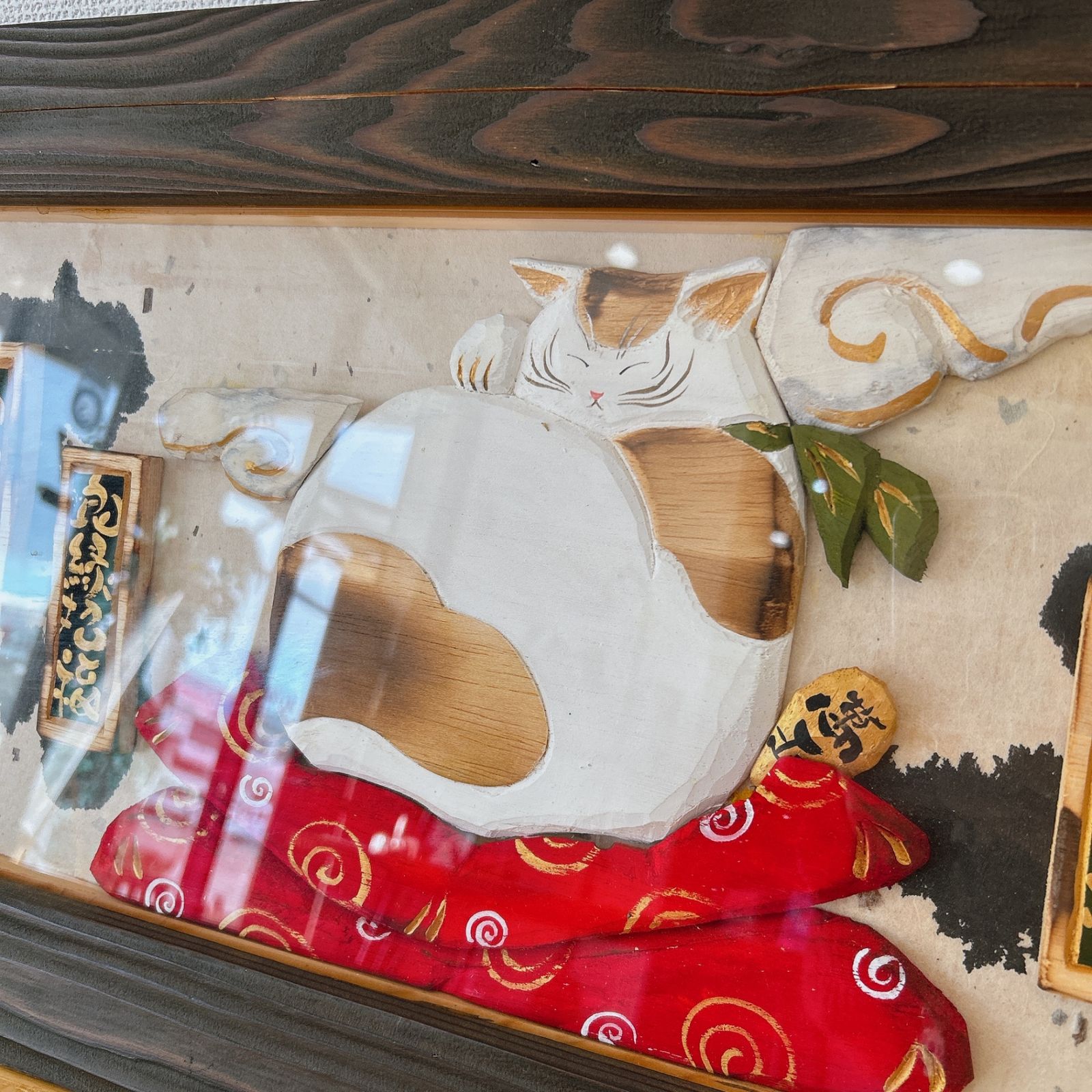 1041 【真作】佐山泰弘 額縁入り 招き猫 1997年製作 90cmx36cm 訳