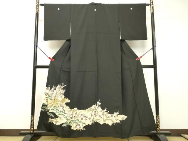 平和屋着物□豪華黒留袖 刺繍 鳳凰花松文 松竹梅 金糸 正絹 逸品