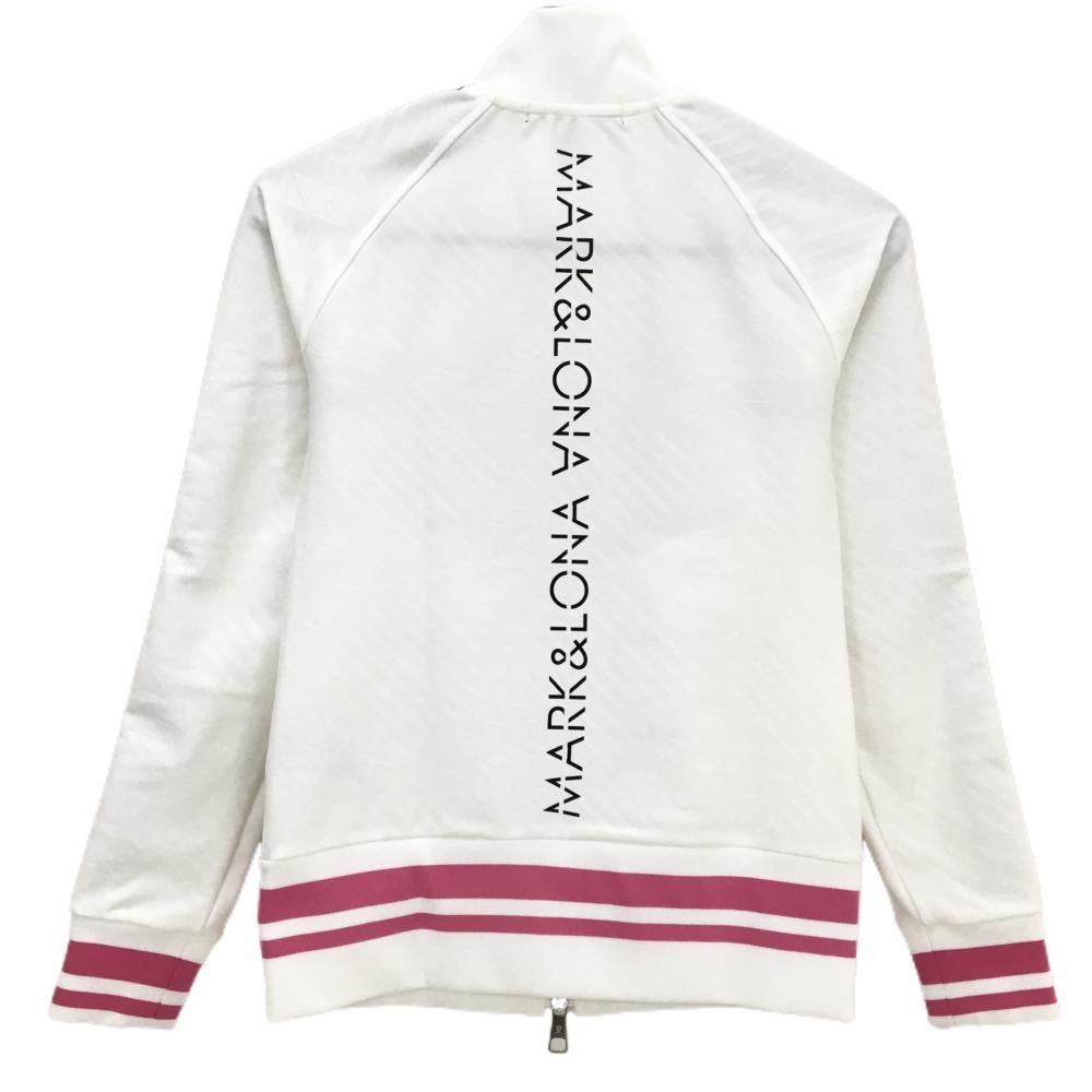 超 マークアンドロナ ブルゾン 白×ピンク 斜めストライプ ロゴ地模様 袖 胸ライン レディース 36 S ゴルフウェア MARK&LONA