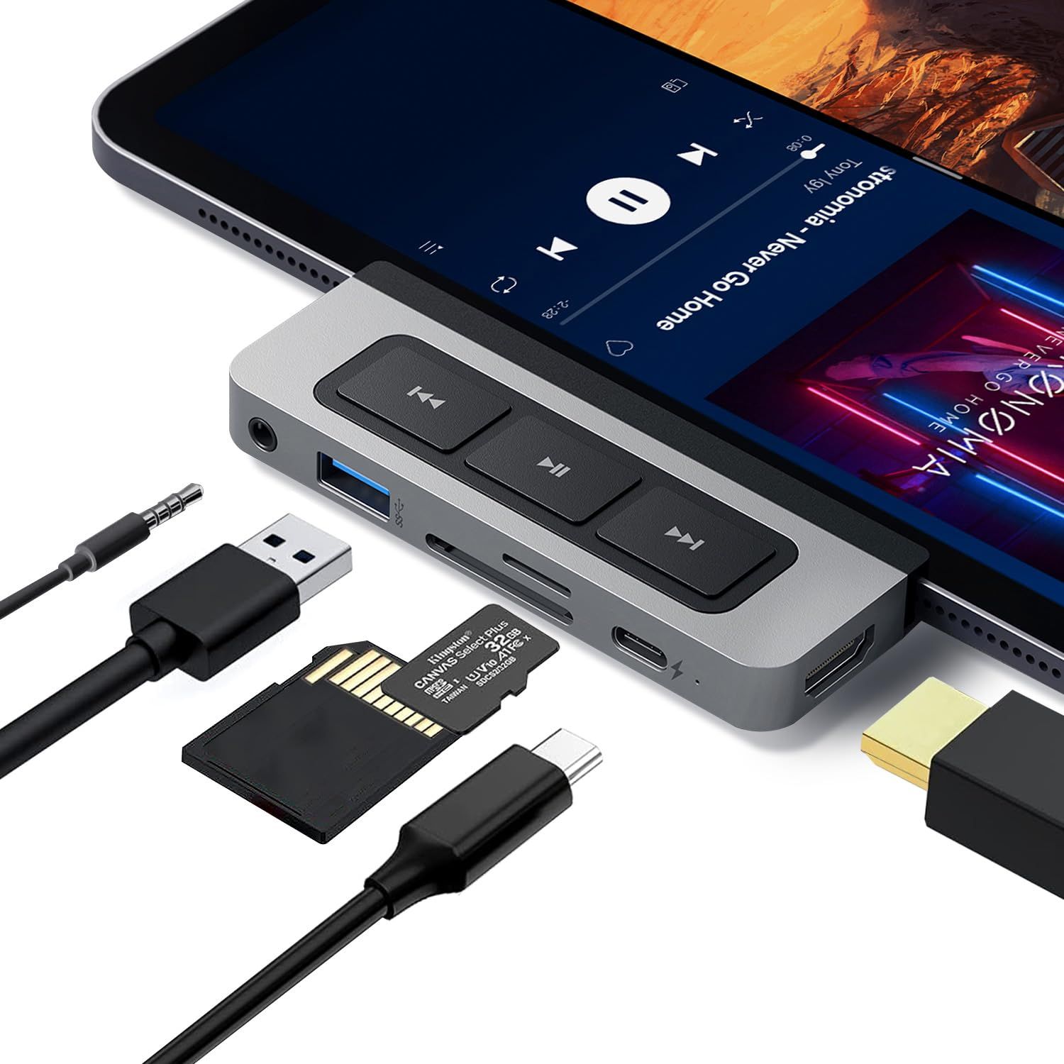 HyperDrive iPad Pro usb-c ハブ 6-in-1 Media Hub メディアボタン 拡張 4K HDMI出力 60W PD MicroSD SDカードリーダー イヤホン usb 接続 ショートカットキーボード コントロール アルミ