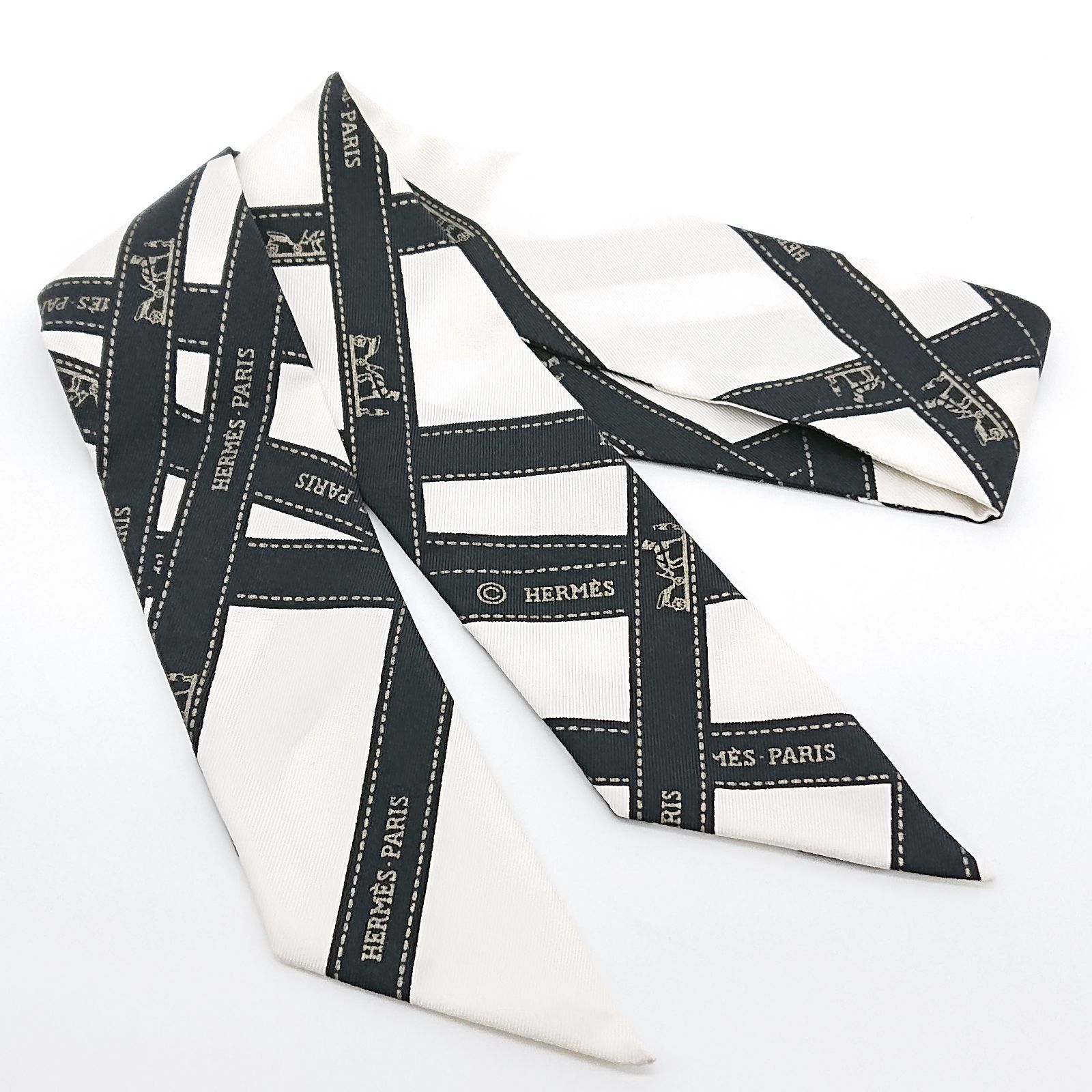エルメス ツイリー ボルディック リボン柄 白×黒 新品エルメスツイリーボルデュックリボン柄ブラック×ホワイト希少