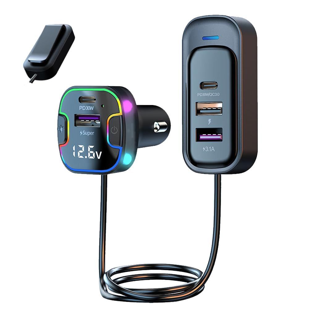 OBEST シガーソケット USB u0026 USB-C カーチャージャー 5連合計120W【PD30W+QC3.0急速充電】5台同時充電 LED表示電圧 12V/24V 1.5m電源延長ケーブル 車載充電器 5ポート スマホ充電シガーチャージャー Type