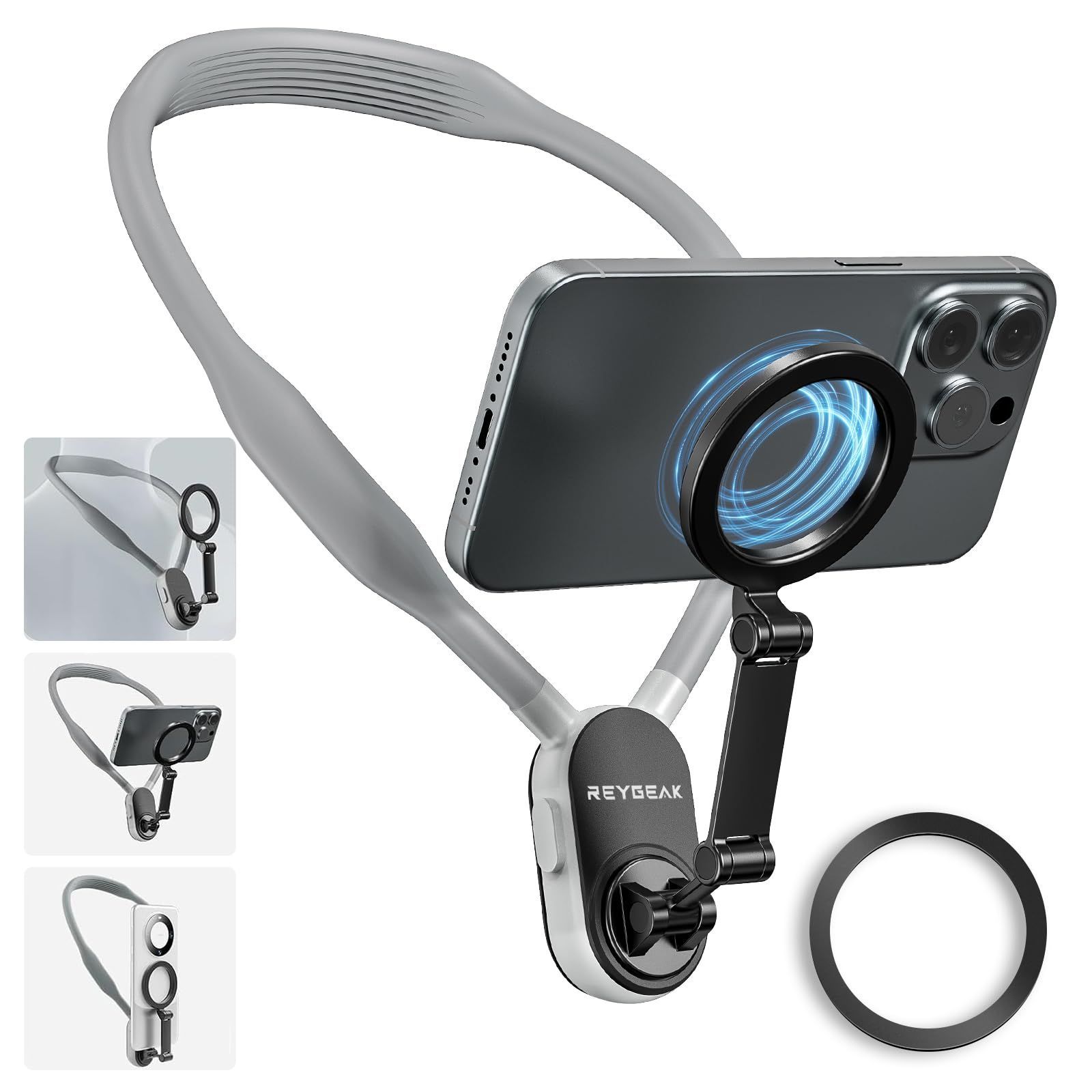 【新着商品】iPhone 15/14/13/12 Pro Magsafe Mini/Plus/Pro/ProMax用マグネットPOV/Vlogフォンネックマウントホルダー、携帯電話アクセサリー用ハンドフリーチェストスタンドビデオ録画 REYGEAK (グレー)