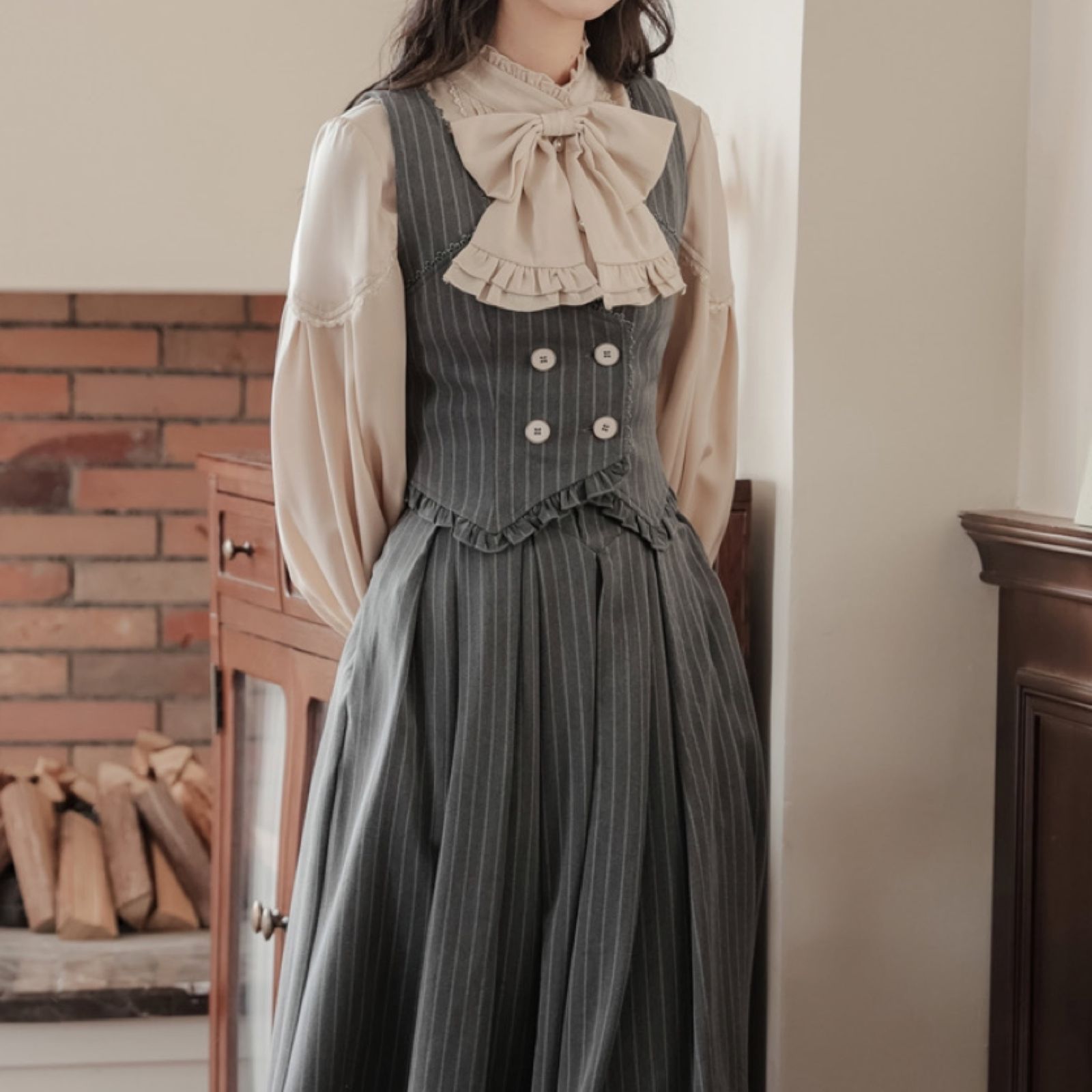 新品】フレンチレトロ♡リボンブラウス＋ベスト＋スカート レディース