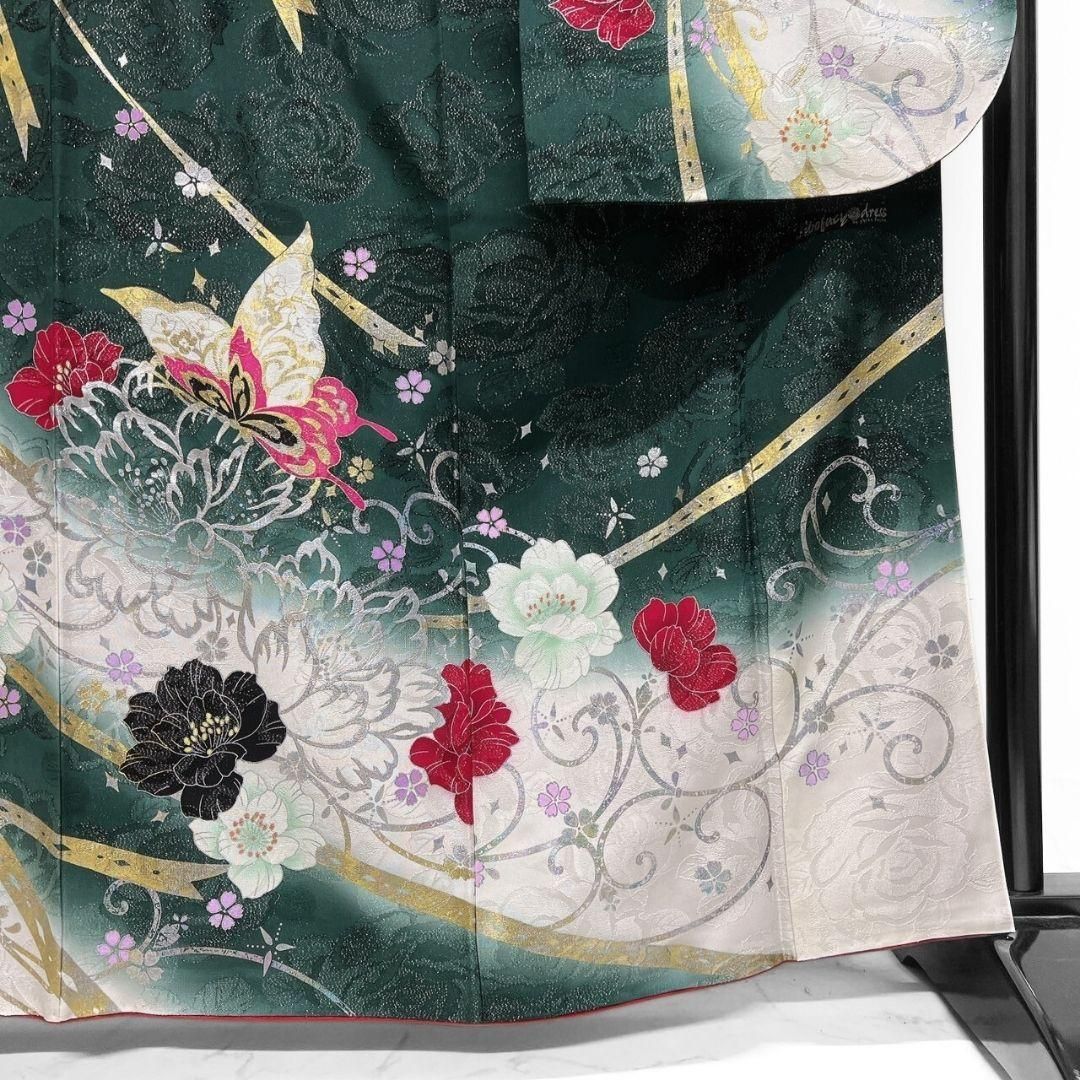 刺繍 ペイズリー 花模様 地紋 振袖 襦袢セット 着物 014a p 袷着物