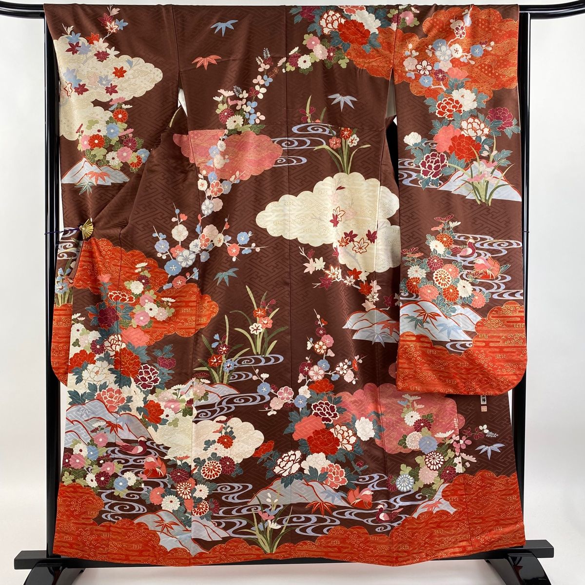 振袖 身丈159.5cm 裄丈65.5cm M 袷 草木友禅 落款 牡丹 花鳥
