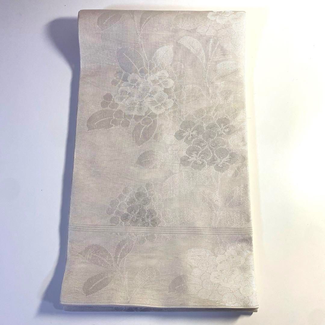 4k1430 本袋帯 絹 夏帯 夏物 紗本袋 紫陽花 白 銀色 花柄 和装 着物  