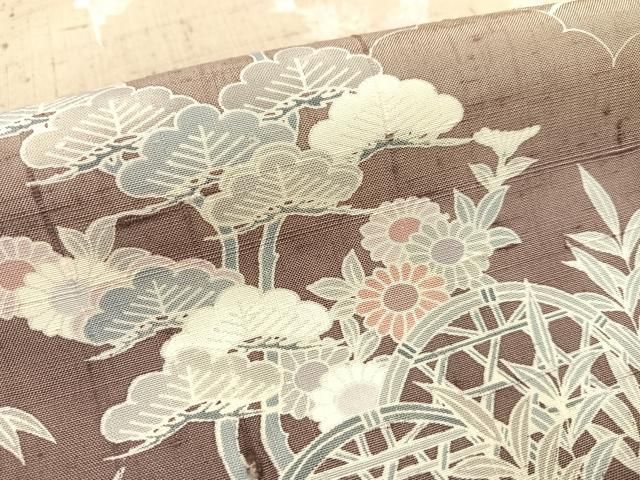 平和屋着物○訪問着 生紬地 手描き 松竹梅 風景文 利休茶色 暈
