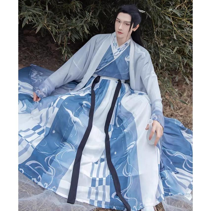 高品質 文化祭 中華コスプレ衣装 メンズ 漢服 グラデーション 青系 中華服 チャイナ服 豪華4点セット 振袖 交差襟 中華衣装 男性 大人 唐時代 古代 昭和 BJ1003ML03 ハロウィン