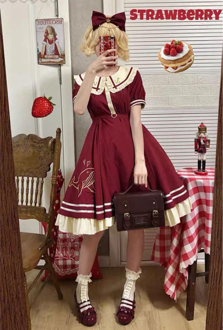 ロリータ 赤ワンピ Mサイズ セーラー風デザインが ♪♪これからの季節に♪