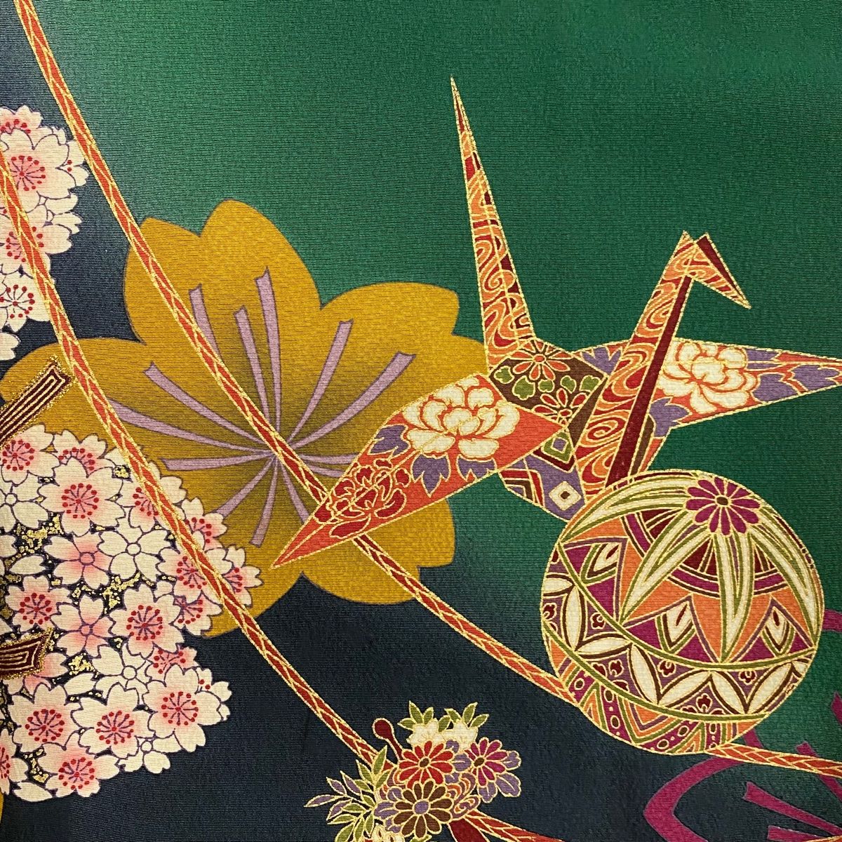 振袖 身丈159.5cm 裄丈65cm M 袷 桜 織鶴 金彩 箔 深緑 正絹 名品  
