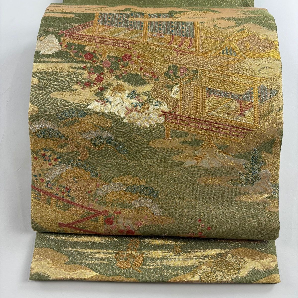 袋帯 秀品 風景 建物 金糸 箔 よもぎ色 お太鼓柄 正絹