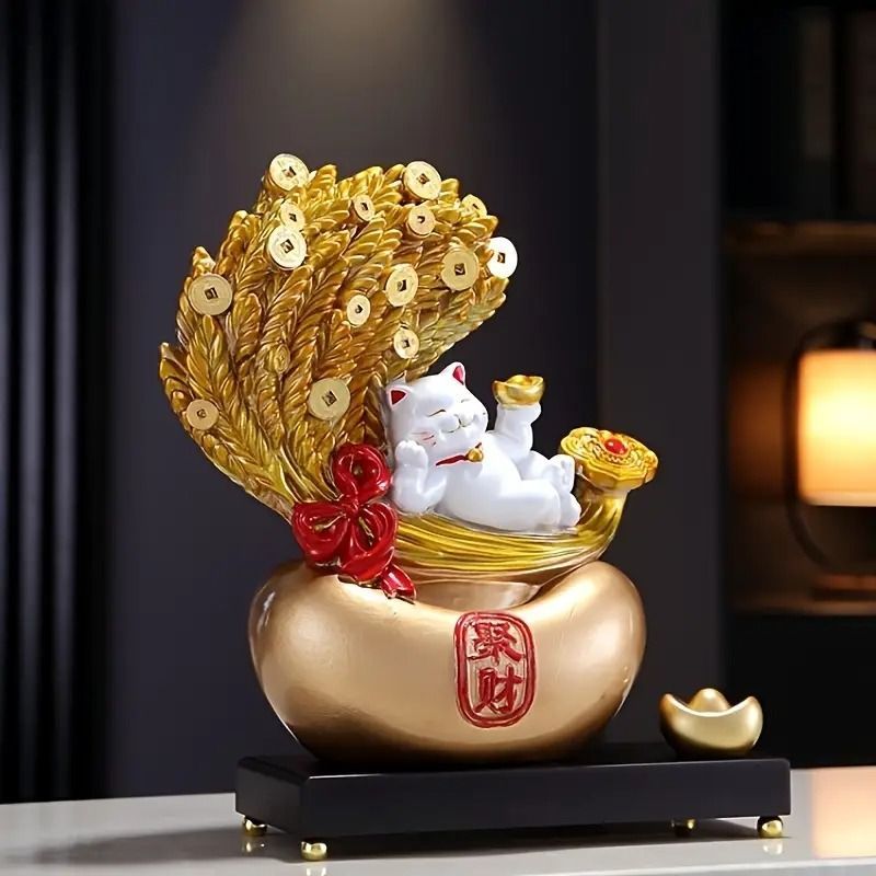 招き猫 猫 ネコ 大麦 ゴールド 金 置物 オブジェ スピリチュアル 瞑想
