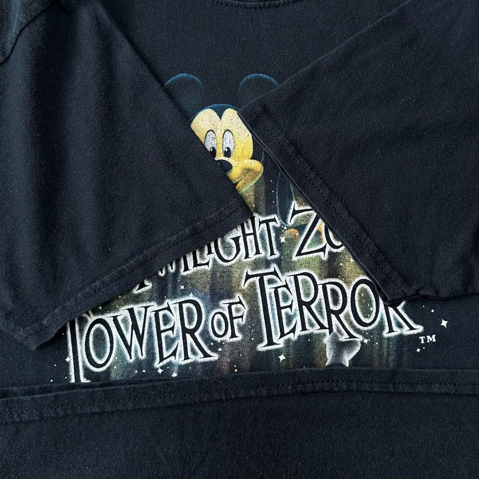 レア Disney ディズニー トワイライトゾーン タワーオブテラー プリント　Tシャツ　アニメ　キャラクター　TOWER OF TERROR 　ミッキー　ドナルド　グーフィー　Hanes ブラック　Mサイズ