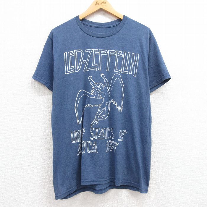 XL/古着 半袖 ロック バンド Tシャツ メンズ レッドツェッペリン クルーネック 紺 ネイビー 霜降り 24aug22 中古