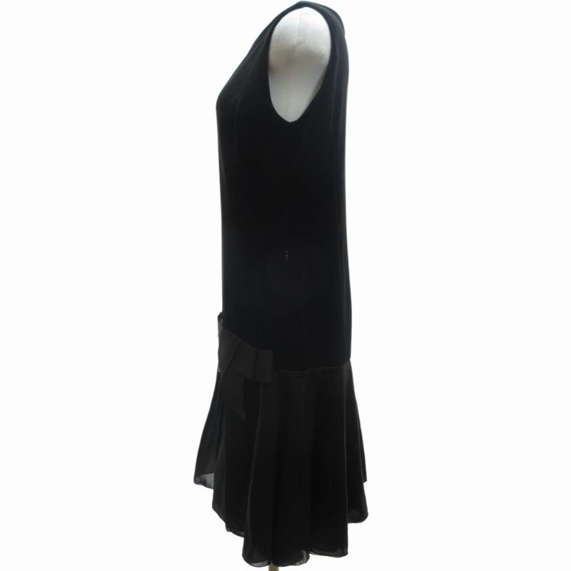 美品】FOXEY 膝丈ワンピース ブラック リボン 42 L ノースリーブ