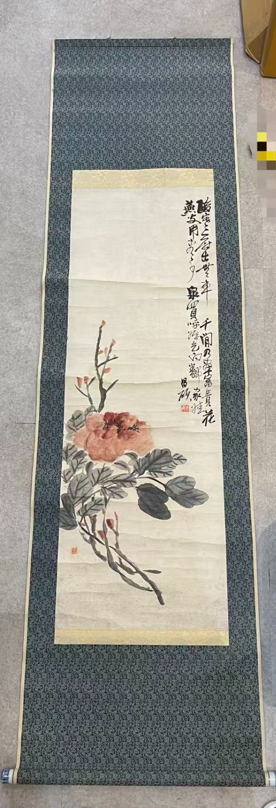 模写 富貴牡丹 呉昌碩 中国近代書画家 近代四大家 文人画家 花卉画 水墨画 中国美術 掛軸 き 落款あり