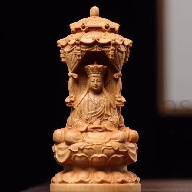 新しい未使用 木彫仏像 三面 婆娑三聖座像 阿弥陀仏三尊（観世音