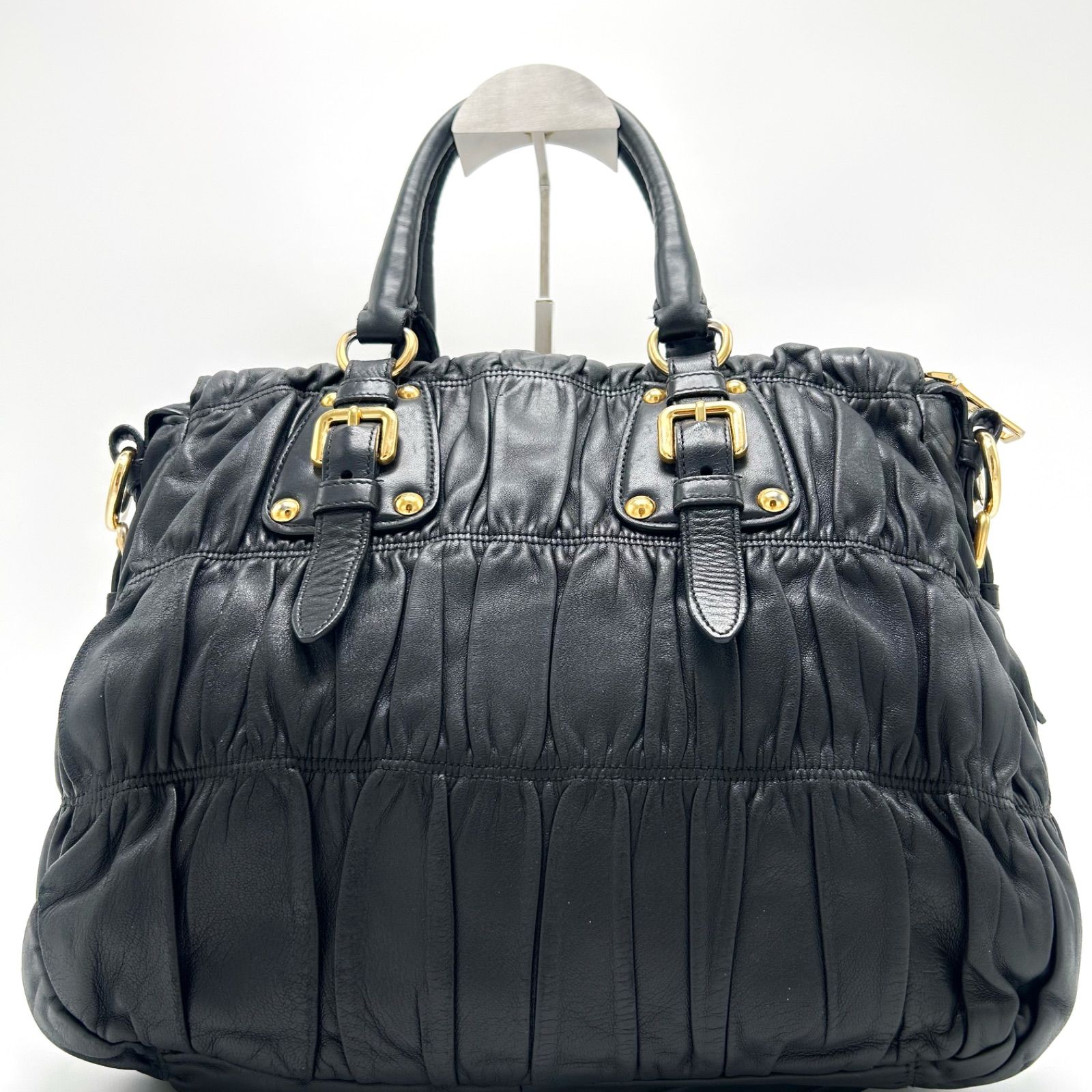 プラダPRADA トートバッグレザーギャザーゴールド金具