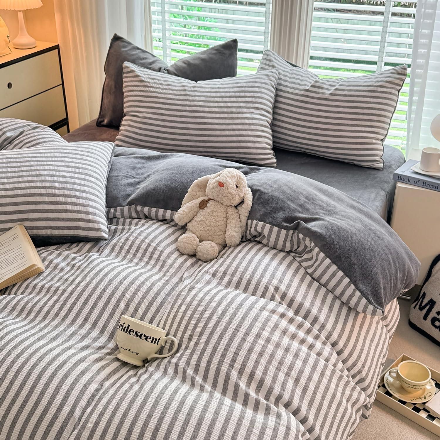 Size:シングル-3点セット_Color:グレー 布団カバー 厚手 ふわふわ