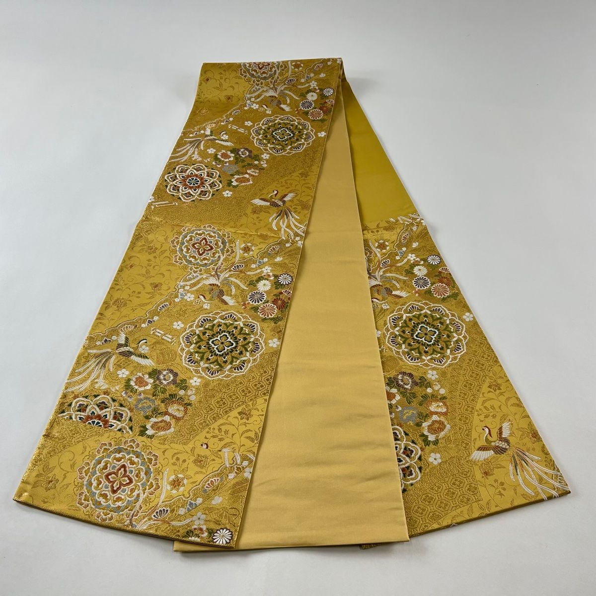 唐織 本佐賀錦 袋帯 正絹 ゴールド 花鳥 六通 T-3637 袋帯 秀品 関西仕立て 華文 花鳥 唐織 箔 金色 六通 正絹｜中古