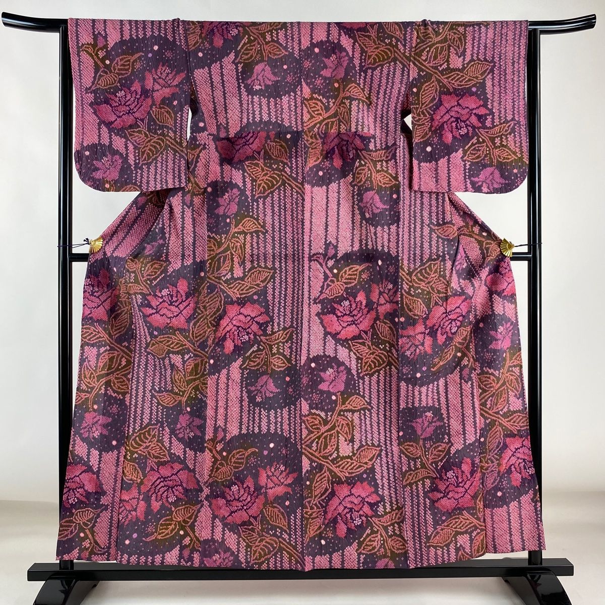 浴衣 身丈157.5cm 裄丈65cm M 絞り浴衣 草花 濃ピンク 長め 綿 美品  