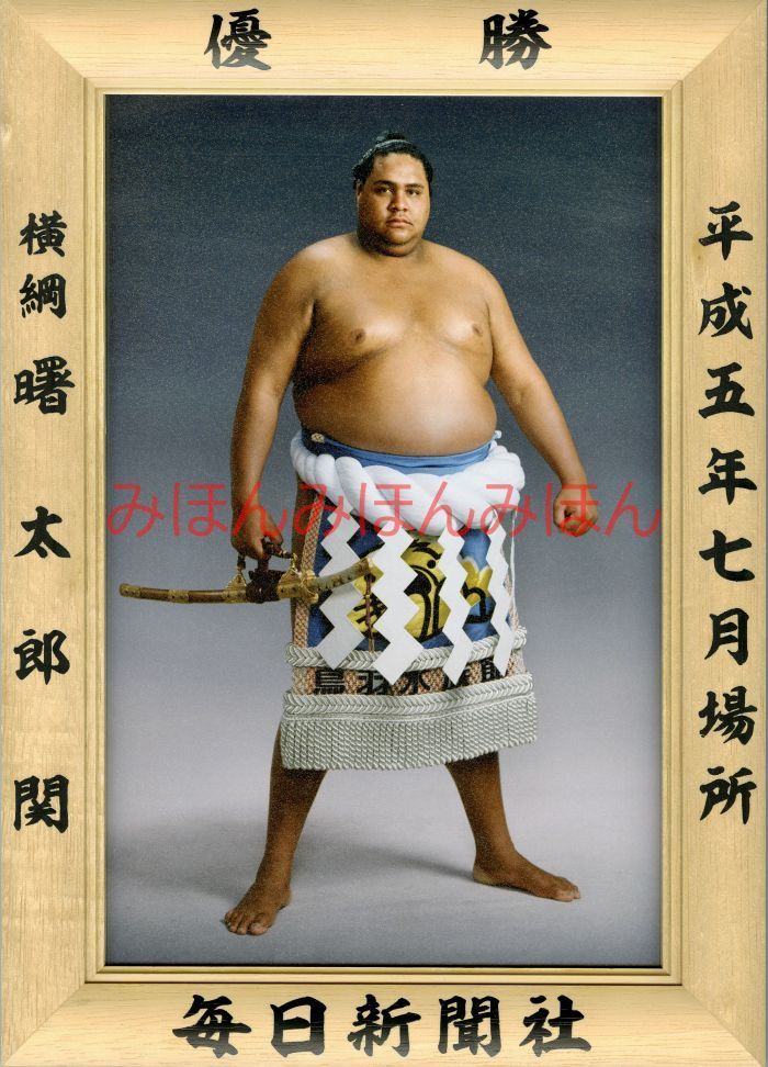 曙太郎関 優勝ミニ額 大相撲ミニ額 大相撲優勝額 平成５年７月場所 優勝 横綱 曙太郎関（４回目の優勝） ※受注生産品のため、ご注文後はいかなる理由でも返品、返金はできません