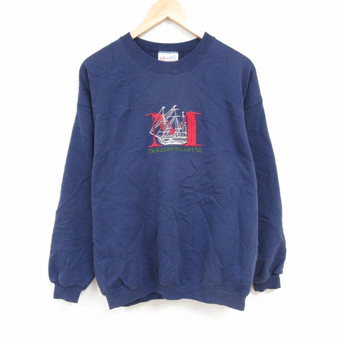 XL/古着 ヘインズ Hanes 長袖 スウェット メンズ 00s マサチューセッツ 刺繍 大きいサイズ クルーネック 紺 ネイビー 24nov15  スエッ