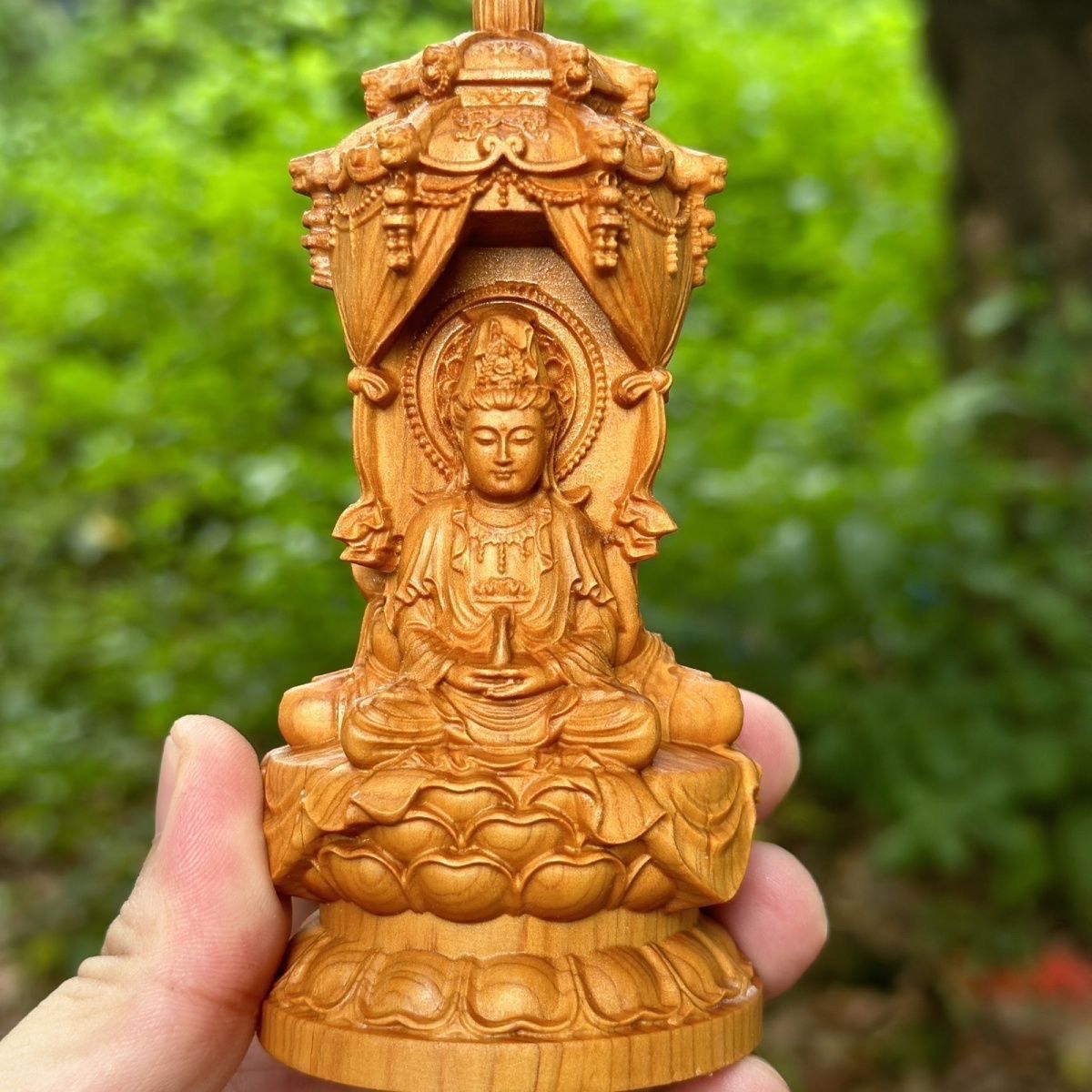 激安 仏像 置物 天然 崖柏木 木彫り仏像 西方三聖【観音菩薩