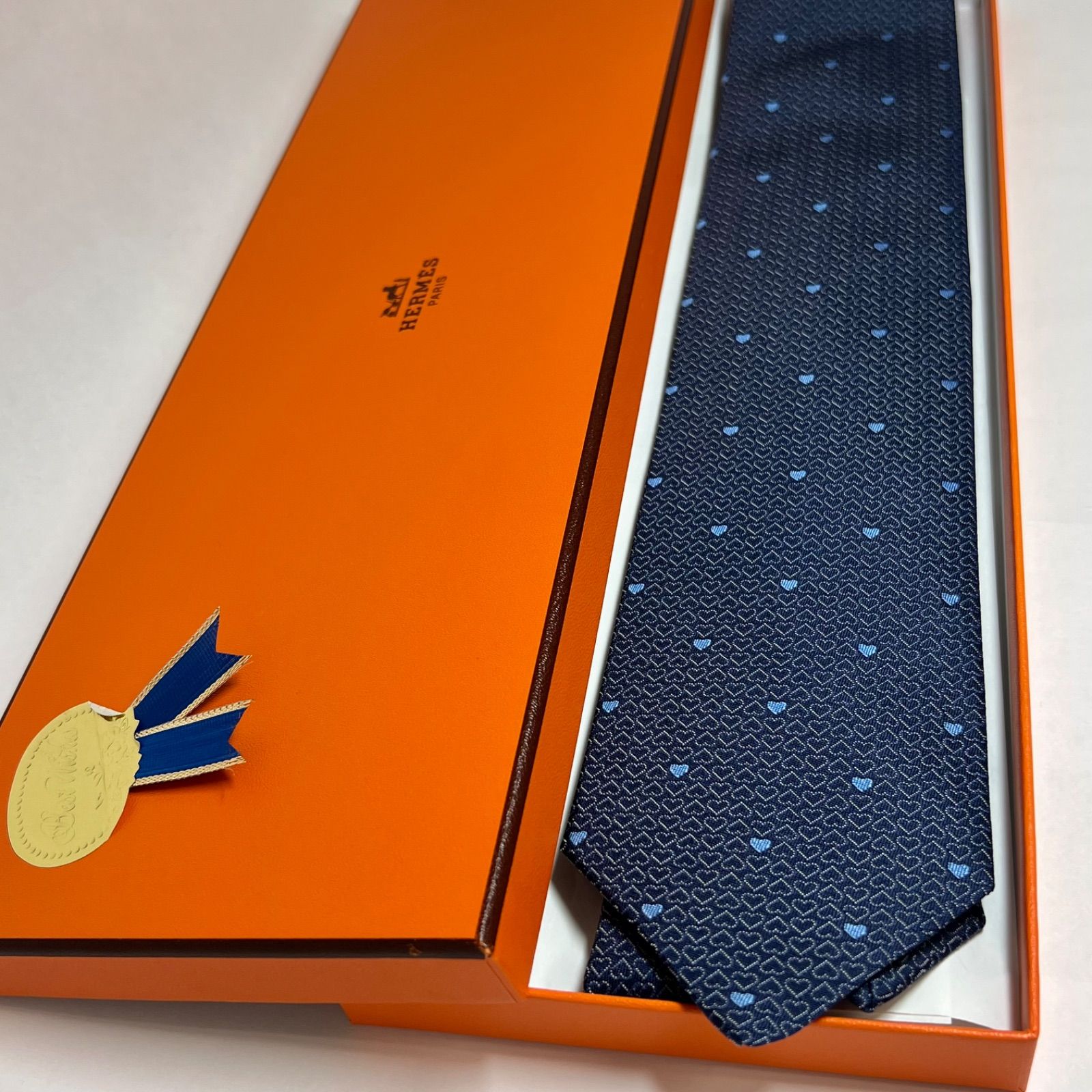 HERMES ネクタイ メンズ ハート ネイビー 新品 ワンポイント 箱