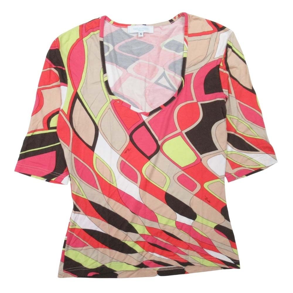 EMILIO PUCCI - 美品 EMILIO PUCCI エミリオプッチ 総柄 ストレッチ Tシャツ Uネック 半袖 プルオーバー カットソー S マルチカラー レディース 古着 中古 USED 美品 EMILIO PUCCI エミリオプッチ 総柄 ストレッチ Tシャツ U