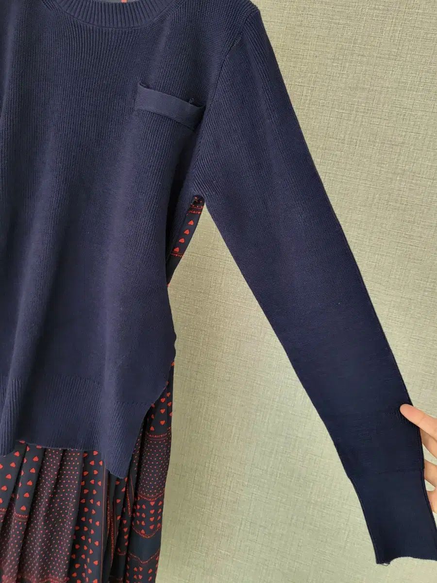 ネイビー ニット+シフォン ロング丈ワンピース
