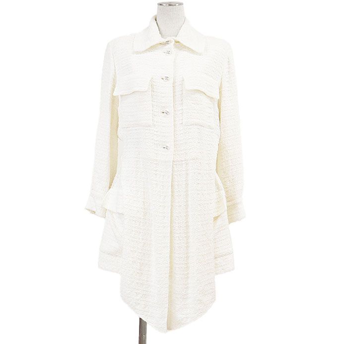CHANEL シャネル ツイードワンピース COCOマーク ロゴ ボタン コンビネゾン ジャケット スカート シャツカラー 無地 ドレス ハンガー付属 レディース サイズ 36 アイボリー フランス製 ヴィルジニー ヴィアール期