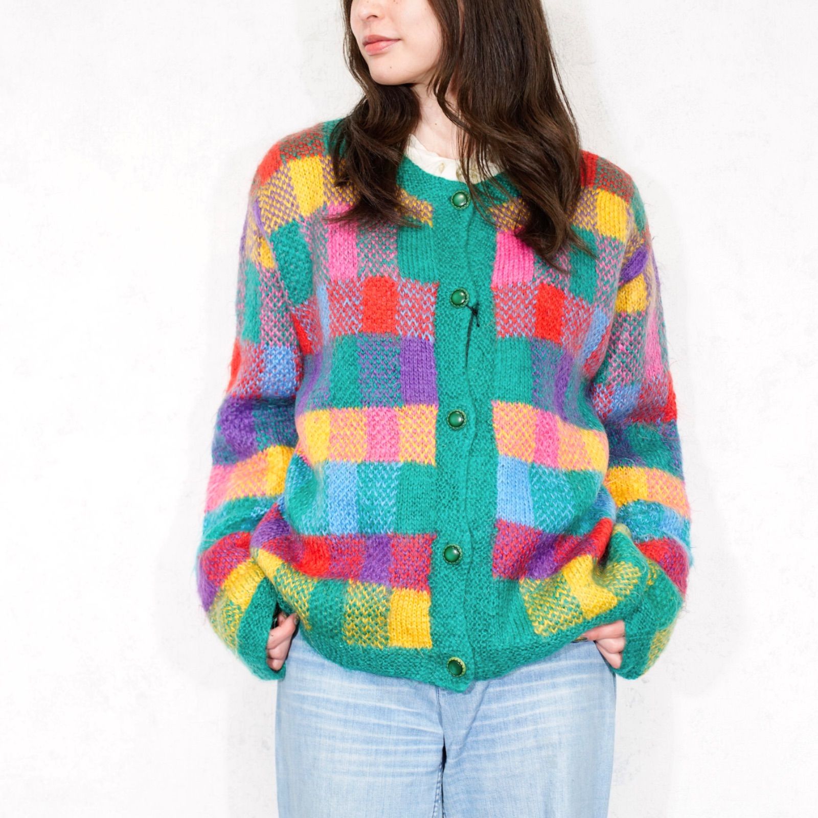 USA VINTAGE COLORFUL CHECK PATTERNED MOHAIR KNIT CARDIGAN|アメリカ古着カラフルチェック柄デザインモヘアニットカーディガン