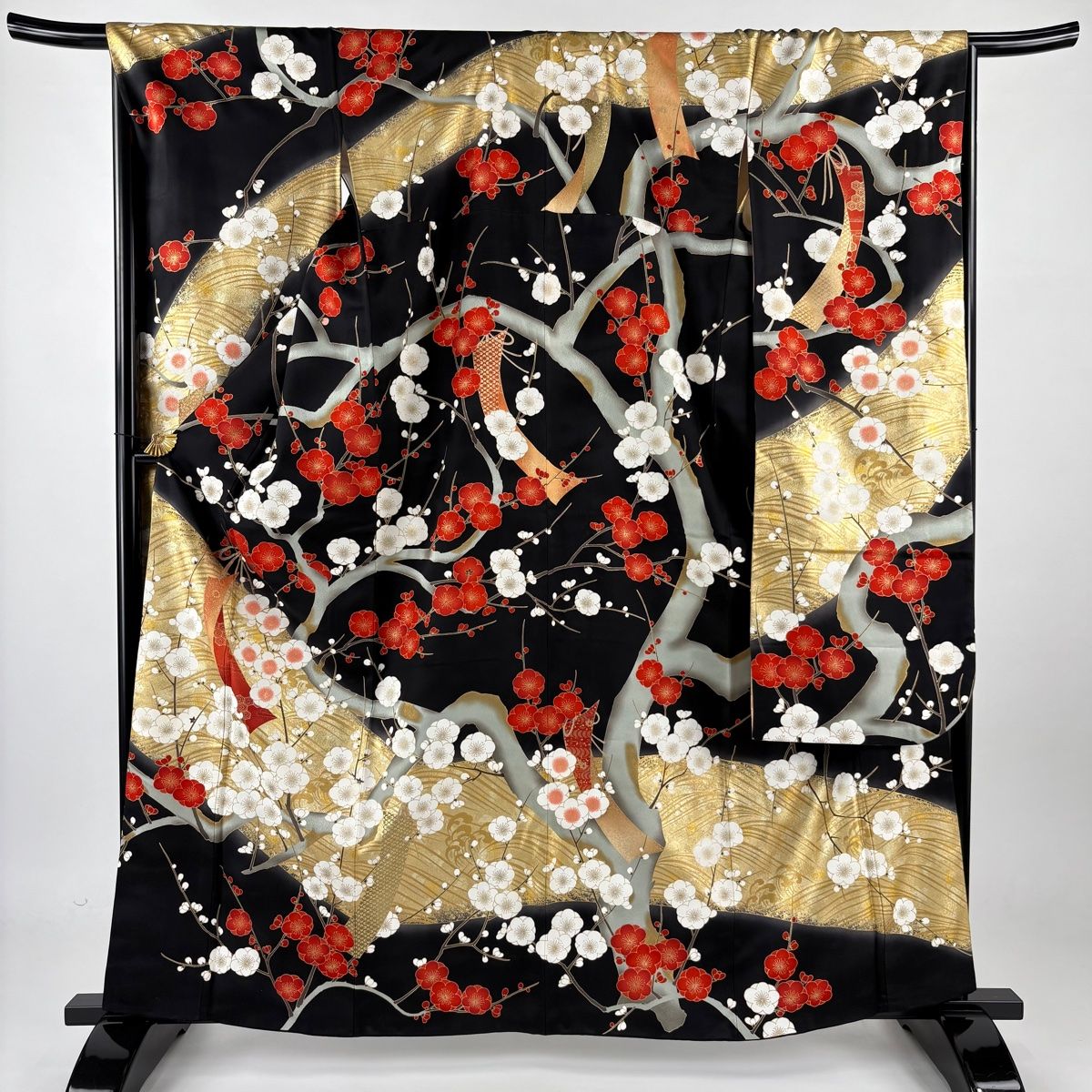 振袖 身丈163cm 裄丈67.5cm L 袷 枝梅 短冊 金糸 金彩 黒 正絹
