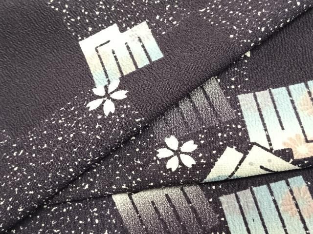 平和屋着物▽小紋 単衣 矢羽舞桜文 黒地 洗える着物 CAAV3193ut