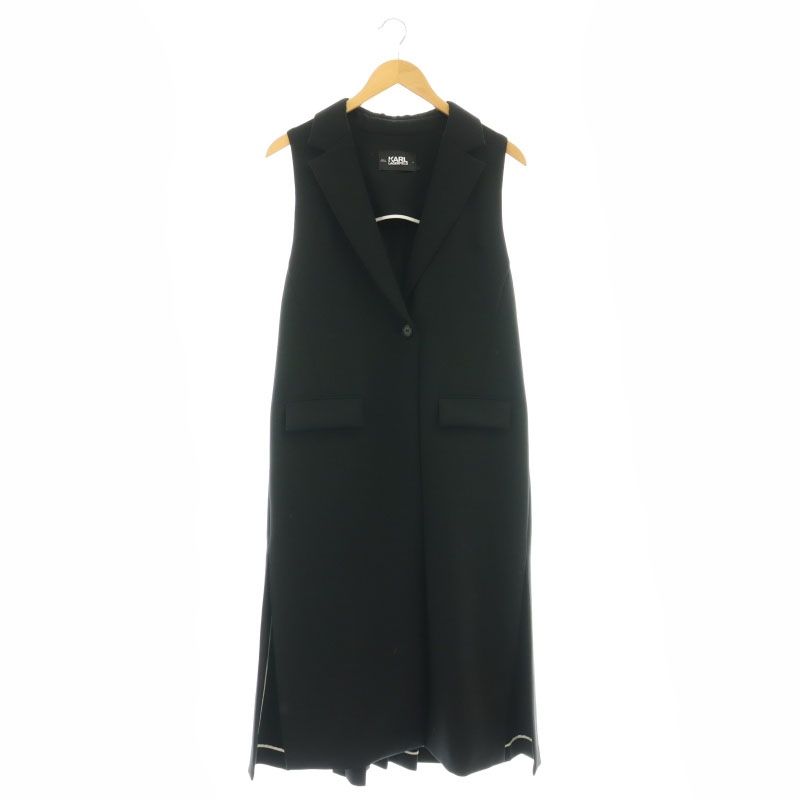 カールラガーフェルド KARL LAGERFELD ロングジレ ベスト バックプリーツ Vネック XS 黒 ブラック |AT OS