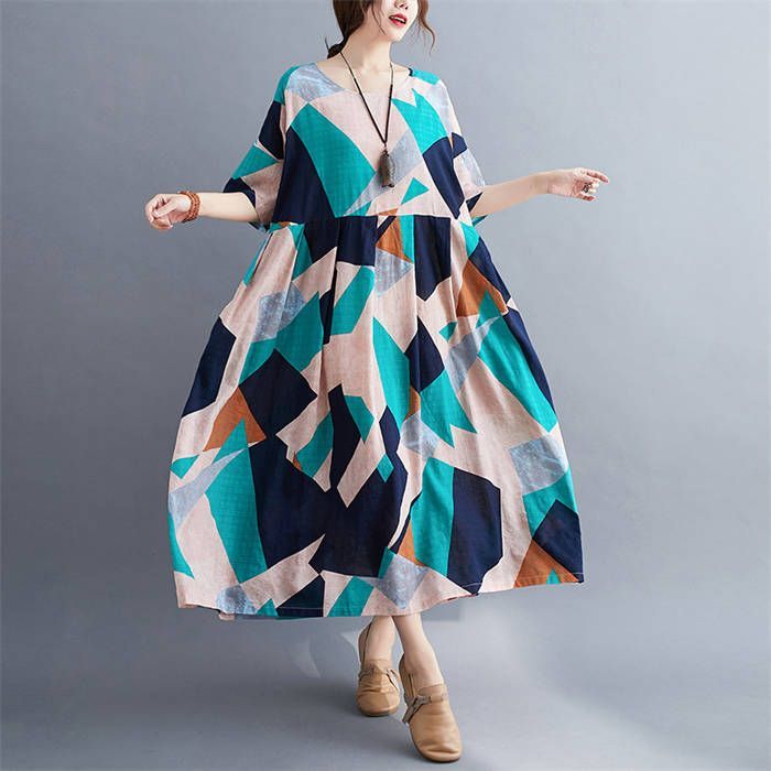 ワンピース レディース 夏 綿麻風 半袖 花柄 総柄 配色 レース ロング  