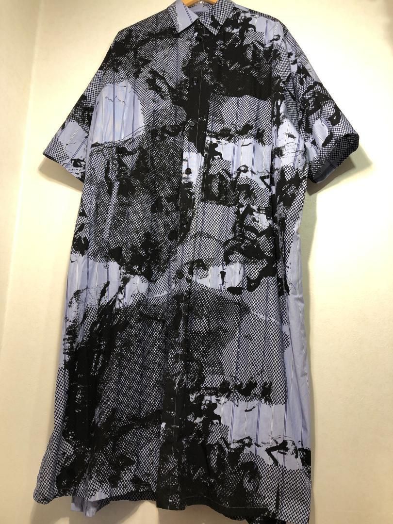 017002 Y s COTTON STRIPE TULLE PAINT PATTERN BIG SHIRT ONE-PIECE 2 半袖 ストライプ ビッグ シャツ ワンピース メンズ レディース ワイド ロング ワイズ yohji yamamoto