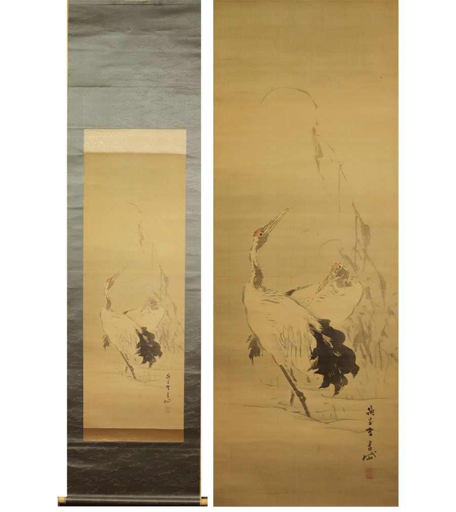 真作】掛軸 楼閣山水図 瀑布と紅樹のある古画風 漢詩入り S52