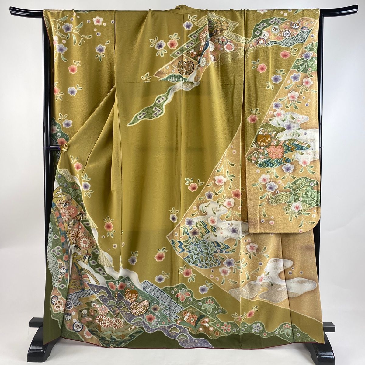 振袖 身丈168cm 裄丈68cm L 袷 手鞠 桜 金銀彩 黒 正絹 名品 【中古  