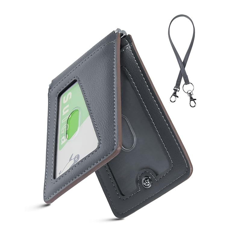 定期入れ メンズ パスケース 5枚収納 本革Dカン 薄型 バタフライ ICカード2枚使用可能 ストラップ付き 通勤 通学 (ダークグレー)