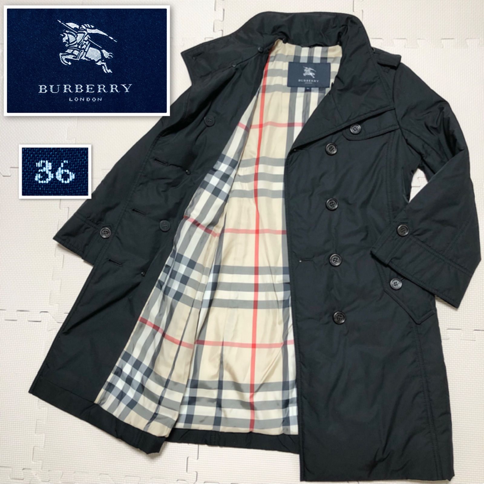 □希少□BURBERRY LONDON バーバリーロンドン ダブルトレンチコート 中綿 スタンドカラー ブラック×裏地メガチェック ノバチェック  size36(サイズS相当) 三陽商会 レディース - メルカリ