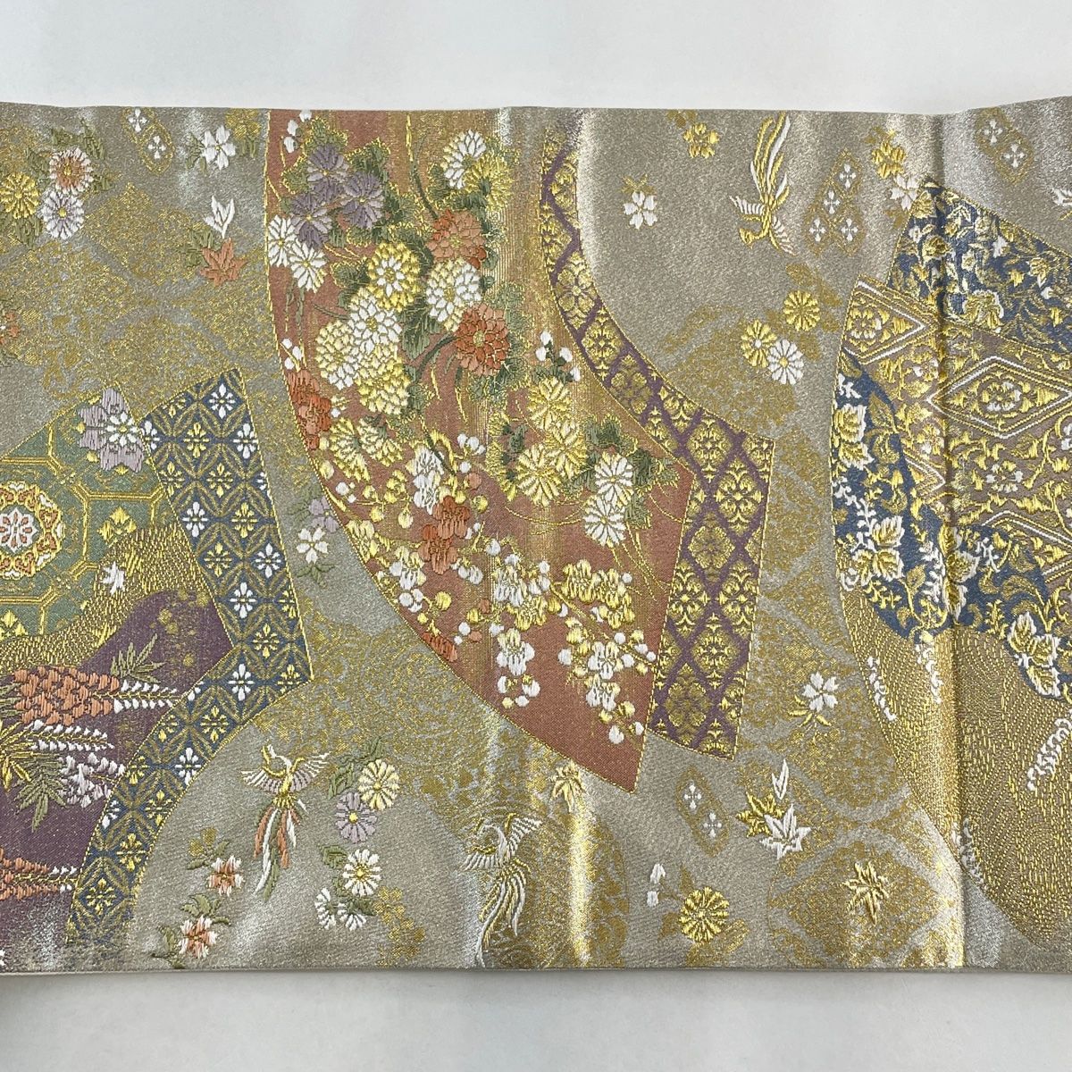 袋帯 美品 秀品 扇面 草花 金銀糸 箔 銀色 六通 正絹 【中古