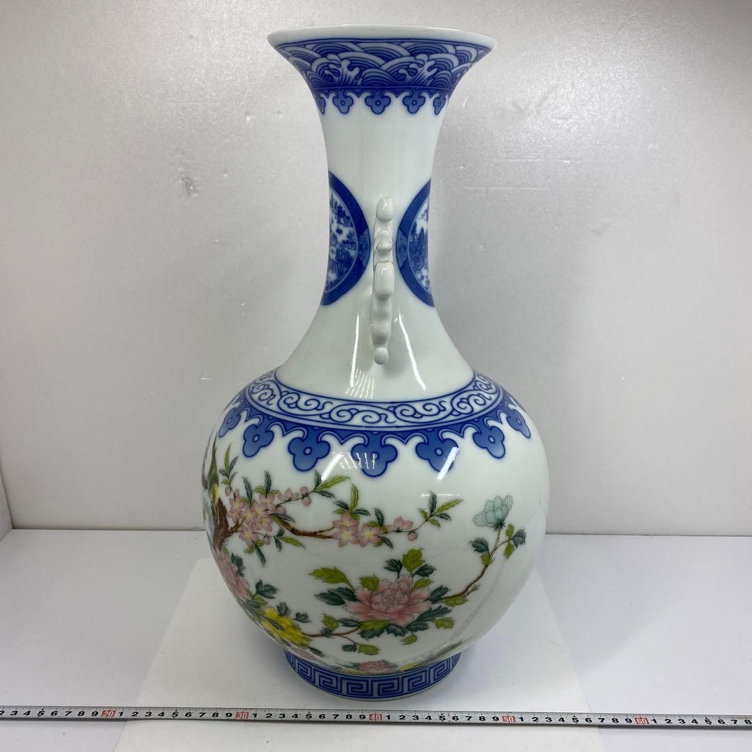 中国美術 景徳鎮 粉彩花鳥図大花瓶 トヒチ 高さ48.5㎝ 東里6-1114