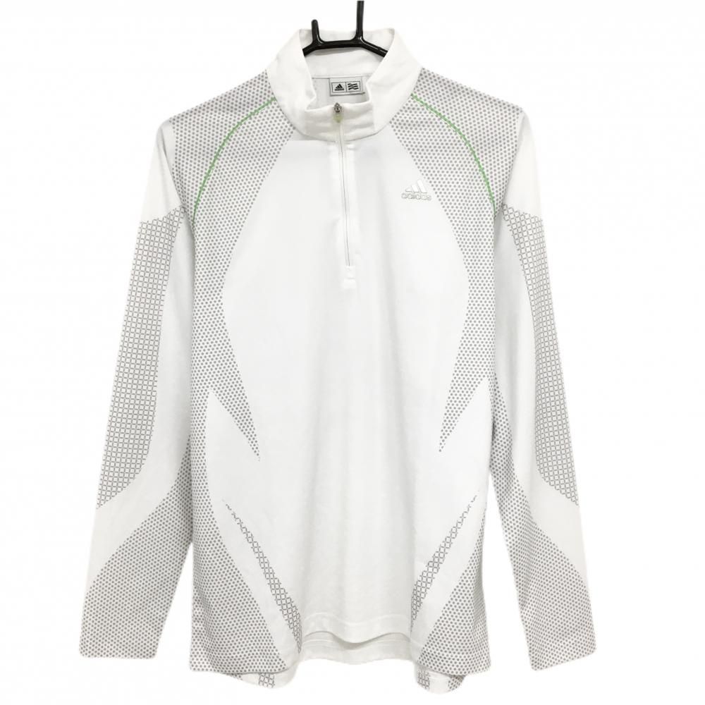 【美品】アディダス 長袖ハイネックシャツ 白×グレー 一部柄 ハーフジップ メンズ L/G ゴルフウェア adidas