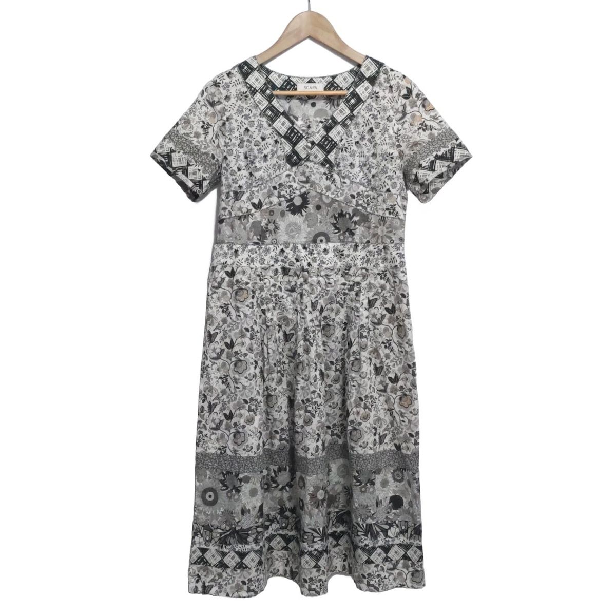 Scapa スキャパ ワンピース サイズ40 XL レディース - 白×黒×マルチ 半袖|ロング|花柄|パッチワーク
