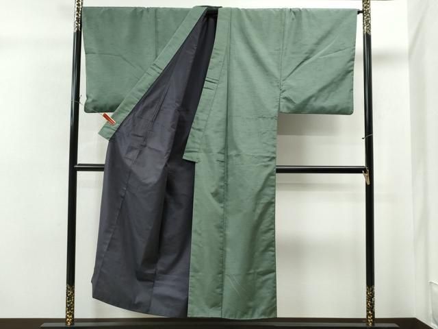 平和屋着物○男性 紬 アンサンブル 色無地 老竹色 キングサイズ 正絹