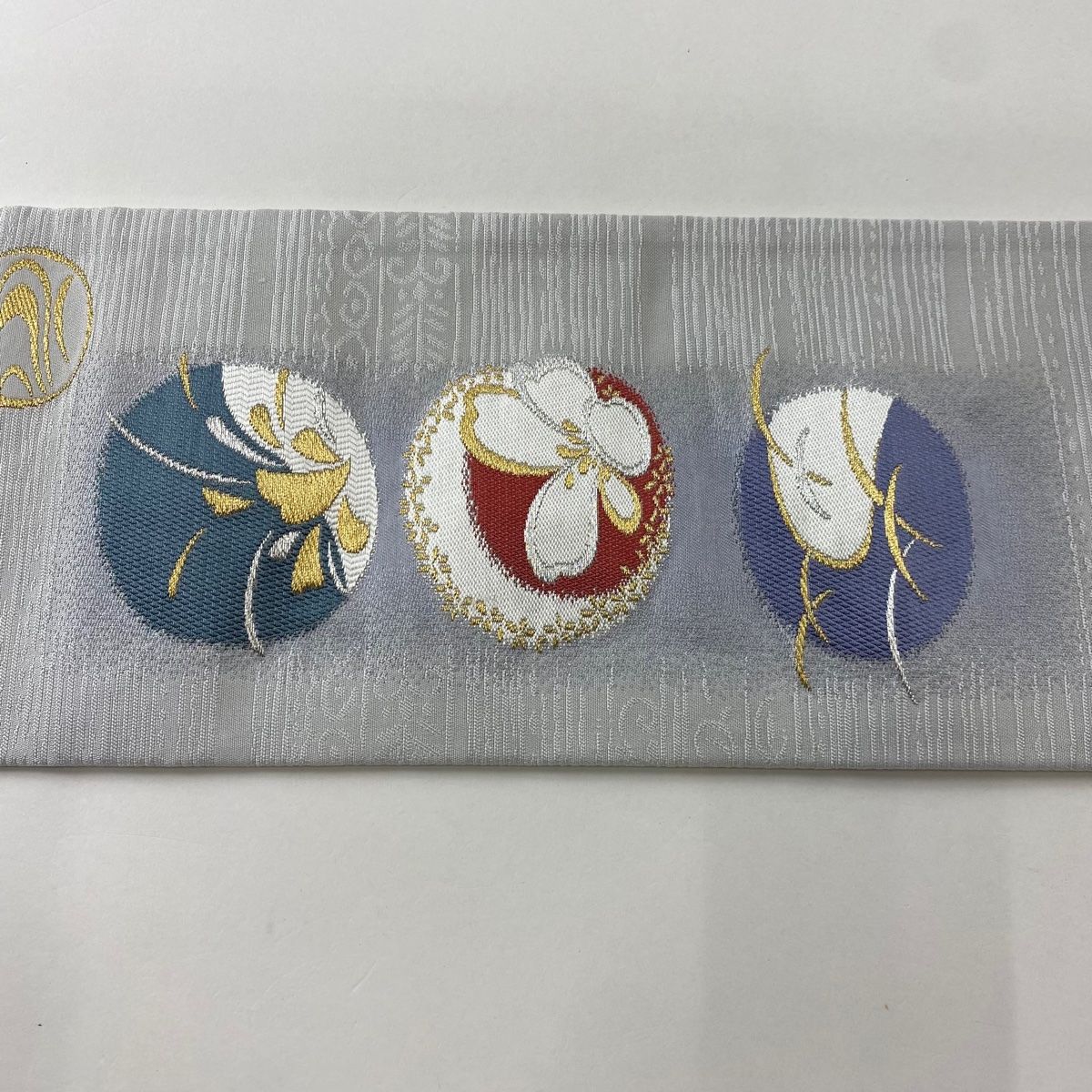 名古屋帯 美品 秀品 桜 流水 金銀糸 青灰色 正絹 【中古
